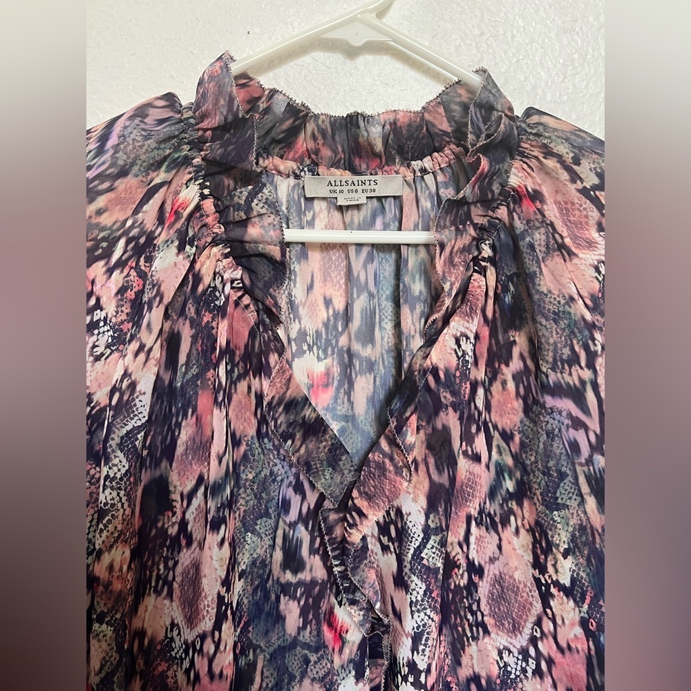 All Saints Mauve Snake Patterned Ruffle Neck Blou… - image 3